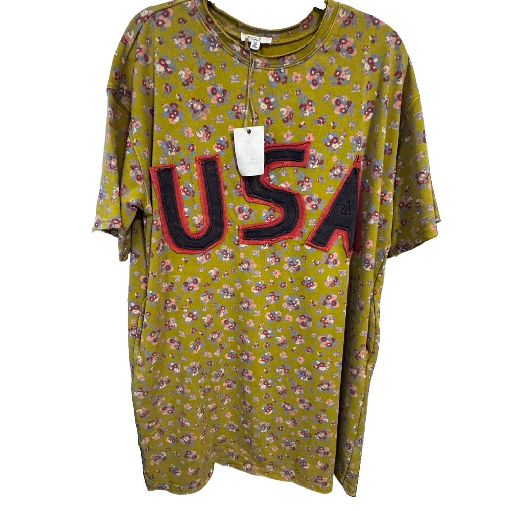Easel Floral Tea Dress Olive Green Drop Shoulders Usa Appliqué Pockets NWT